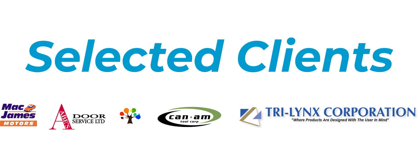 Logos of some of Social Lite's selected clients. Clients include: Mac James Motors, Abe's Door Services, Cadillac Coatics, CanAm Tool Corp, and Tri-Lynx Corporation.